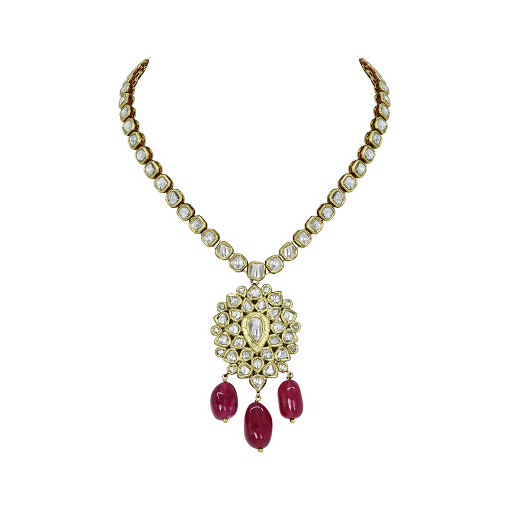 Polki Diamond Necklace with Floral Pendant and Tourmaline Drops